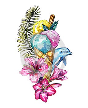 Watercolor composition with ice cream, branch, flowers and dolph photo