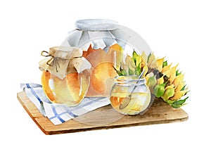 Watercolor composition of jars of honey