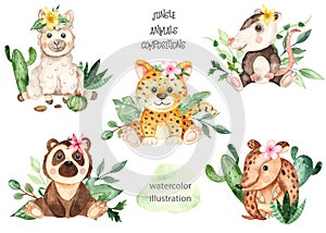 Watercolor composition with jungle animals and tropical plants and flowers