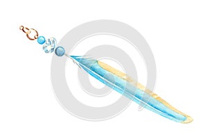 Watercolor composition from pale blue feather and glass bead isolated on white background, hand drawn illustration