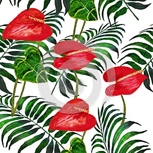 Watercolor composition of palm leaves and red flowers .Illustration for design wedding invitations, greeting