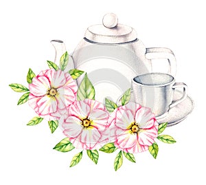 Watercolor composition from a porcelain cup and teapot, flowers, bouquets