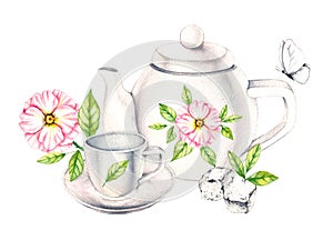 Watercolor composition of porcelain dishes, flowers, bouquets, butterflies