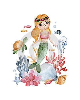 Watercolor composition with seaweeds,sea creatures,little mermaid and corals