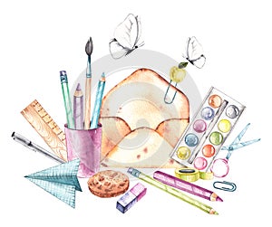 Watercolor composition of stationery school items on a white background