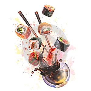 Watercolor composition with sushi, splash sause, ingredient for sushi on colorfool watrcolor background. For design photo