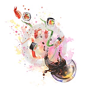 Watercolor composition with sushi, splash sause, ingredient for sushi on colorfool watrcolor background. photo