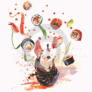 Watercolor composition with sushi, splash sause, ingredients for sushi on colorfool watrcolor background. photo