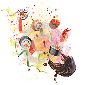 Watercolor composition with sushi, splash sause, ingredients for sushi on colorfool watrcolor background. photo