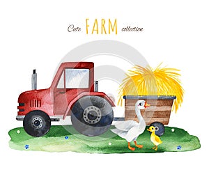 Watercolor composition with tractor,haystack, goose and gosling