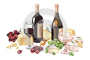 Watercolor composition wine and cheese. Bottle and wineglass, grapes and different cheese. Hand-drawn illustration