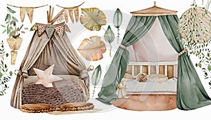 Watercolor compositions with nursery decorations. Bed for baby, tent, dino toy, carpet, cute decor, foliage. generative Ai