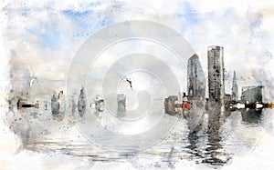 Watercolor conceptual image of the city of london with buildings flooded due to global warming and rising sea levels and gulls