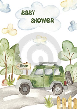 Watercolor congratulatory children`s card for a boy with a city transport. photo