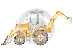 Watercolor construction machines. Backhoe loader, tractor with bucket