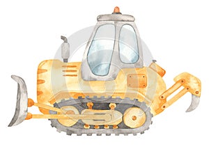 Watercolor construction machines. Bulldozer in cartoon style