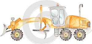 Watercolor construction machines. Grader. Cute kids illustration