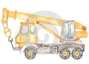 Watercolor construction machines. Truck crane photo