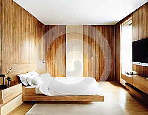 Watercolor of Contemporary bedroom with wooden wall for TV and adjoining wardrobe