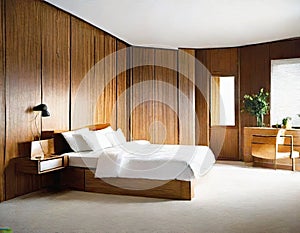 Watercolor of Contemporary bedroom with wooden wall for TV and adjoining wardrobe