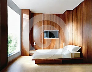 Watercolor of Contemporary bedroom with wooden wall for TV and adjoining wardrobe