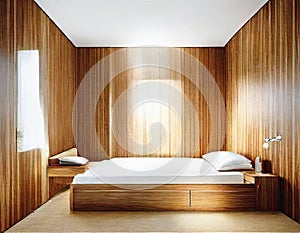 Watercolor of Contemporary bedroom with wooden wall for TV and adjoining wardrobe