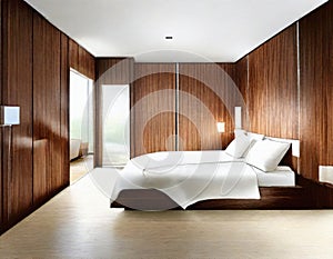 Watercolor of Contemporary bedroom with wooden wall for TV and adjoining wardrobe