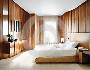 Watercolor of Contemporary bedroom with wooden wall for TV and adjoining wardrobe