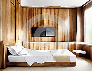 Watercolor of Contemporary bedroom with wooden wall for TV and adjoining wardrobe