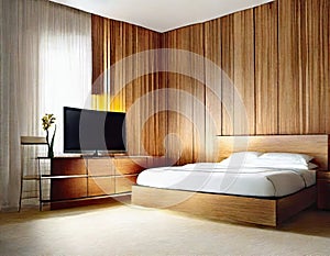 Watercolor of Contemporary bedroom with wooden wall for TV and adjoining wardrobe