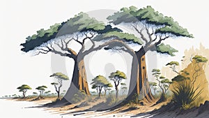 Watercolor contemporary landscape Baobab Alley, Madagascar.