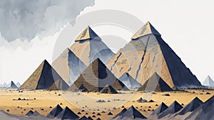 Watercolor contemporary landscape of the Pyramids of Giza, Egypt.