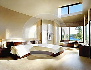 Watercolor of Contemporary lavish master bedroom featuring an area