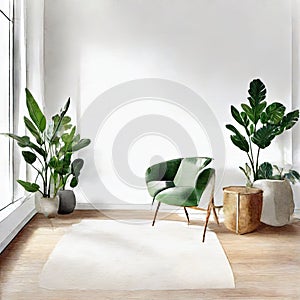 Watercolor of Contemporary living room with wall white sofScandinavian interior Ample