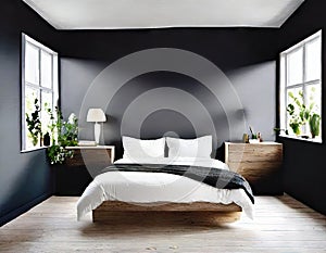 Watercolor of Contemporary Scandinavian bedroom with walls and virtualized