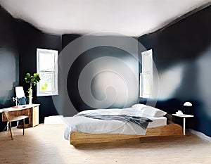 Watercolor of Contemporary Scandinavian bedroom with walls and virtualized