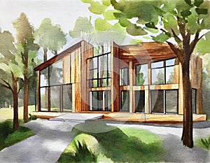 Watercolor of Contemporary wooden framed