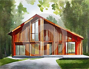Watercolor of Contemporary wooden framed