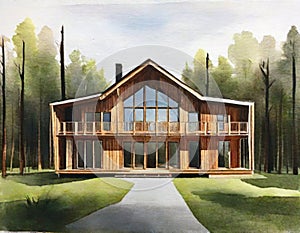 Watercolor of Contemporary wooden framed