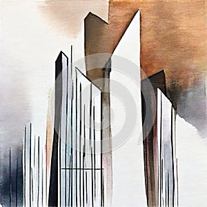 Watercolor of Continuous abstract linear drawing of modern urban building