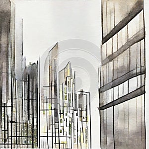 Watercolor of Continuous abstract linear drawing of modern urban building