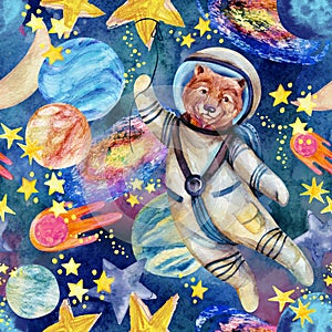 Watercolor cool bear in spacesuit, galaxy, moon, constellation on starry background photo