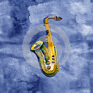 Watercolor copper brass band saxophone on blue background