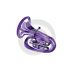 Watercolor copper brass band tuba violet on white background