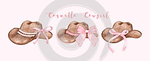 Watercolor Coquette Cowgirl Hat with pink ribbon bow collection. Feminine cowboy hat Whimsical Illustration banner