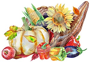 Watercolor cornucopia filled with vegetables and fruits on white background photo