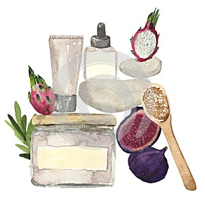 Watercolor of cosmetic beauty products for face and body care