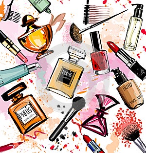 Watercolor cosmetics and perfumes collection
