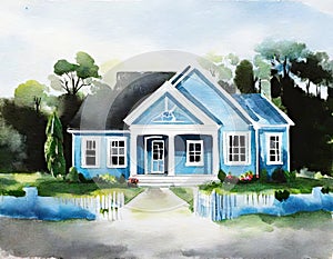 Watercolor of Cottage in calming blue cozy house AI