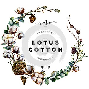 Watercolor Cotton Plant and Lotus Pod Wreath